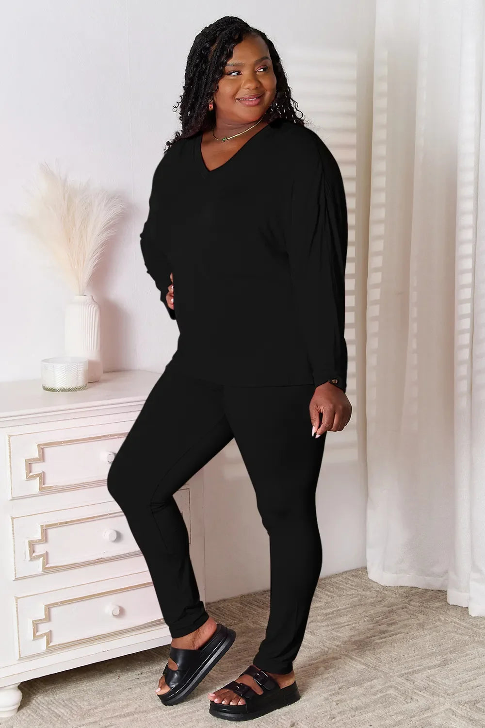 Basic Bae Bamboo Full Size V-Neck Long Sleeve Top And Pants