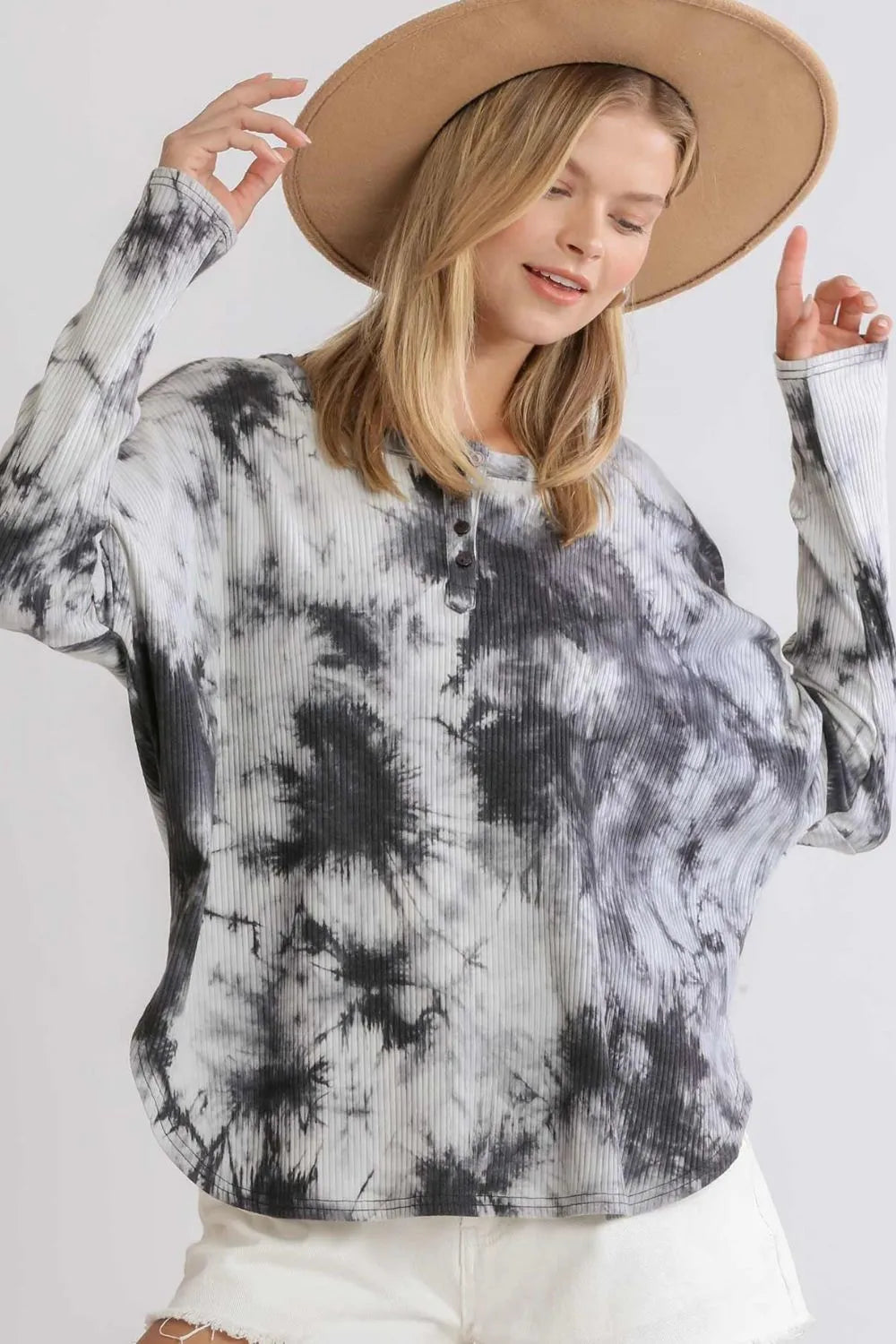Umgee Full Size Tie Dye Round Neck Ribbed Button Front Top Plus