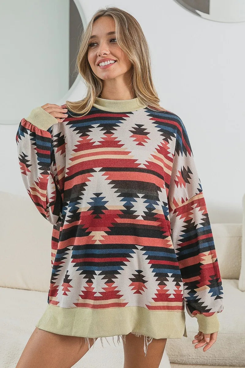 BiBi Aztec Print Mirr Mock Neck Lslv Top