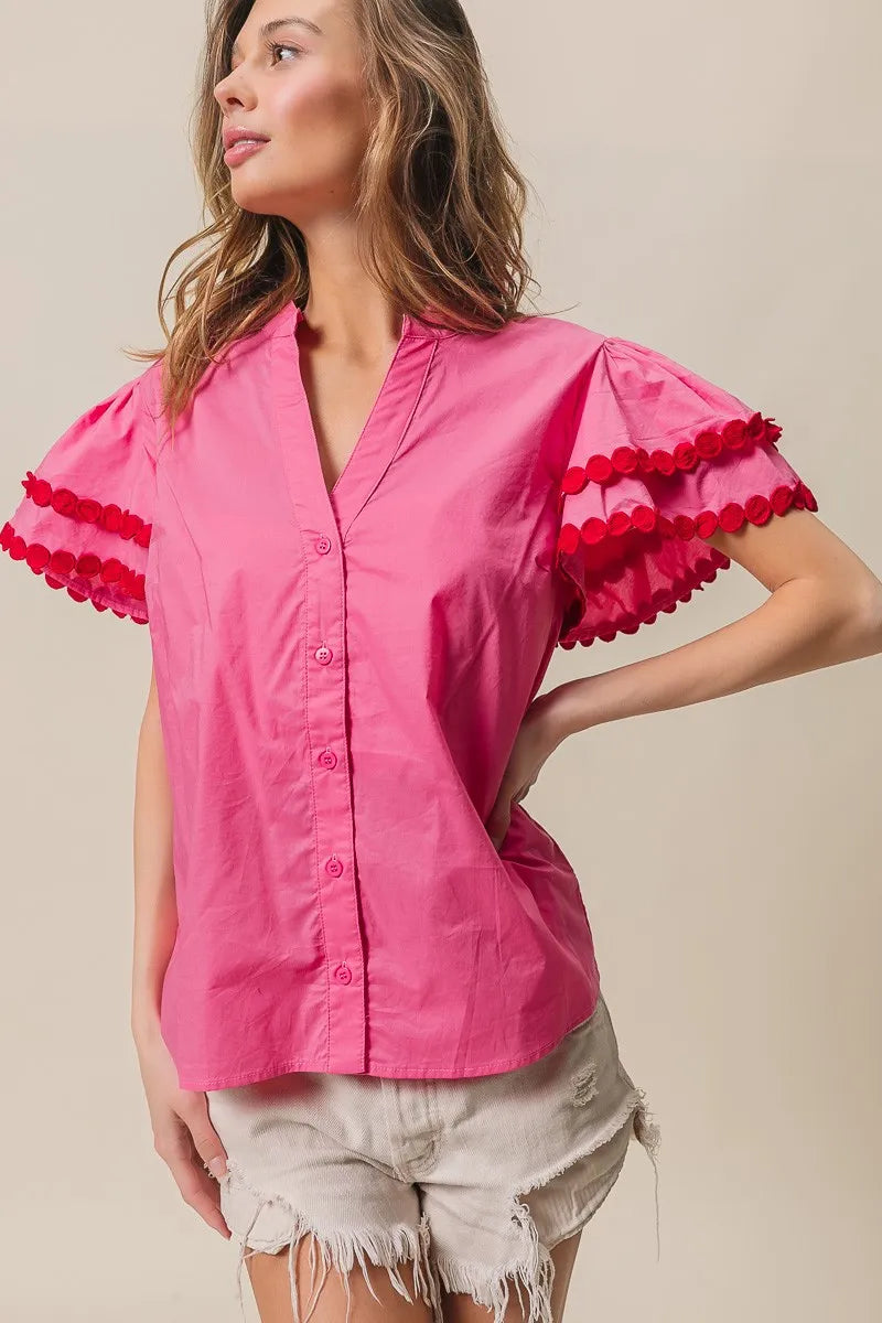 BiBi Dot Trim Flutter Sleeve Notched Top