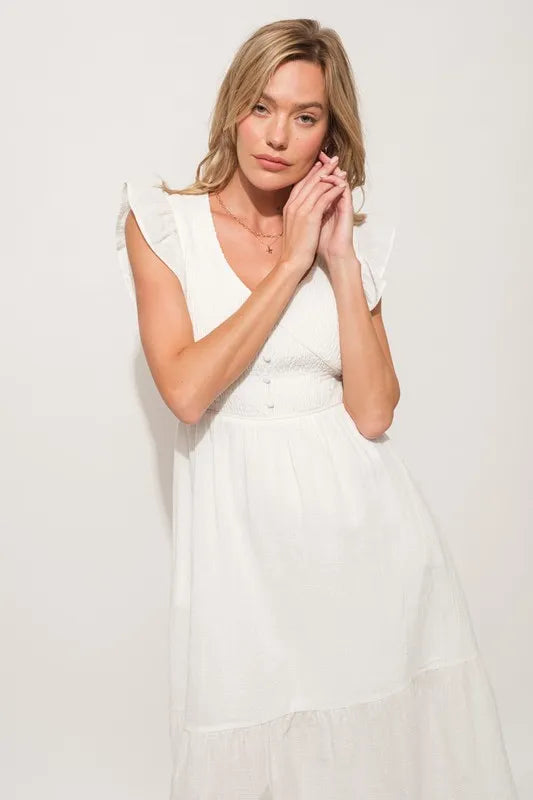 And The Why Ruffle Sleeve Front Smocked Tiered Midi Dress