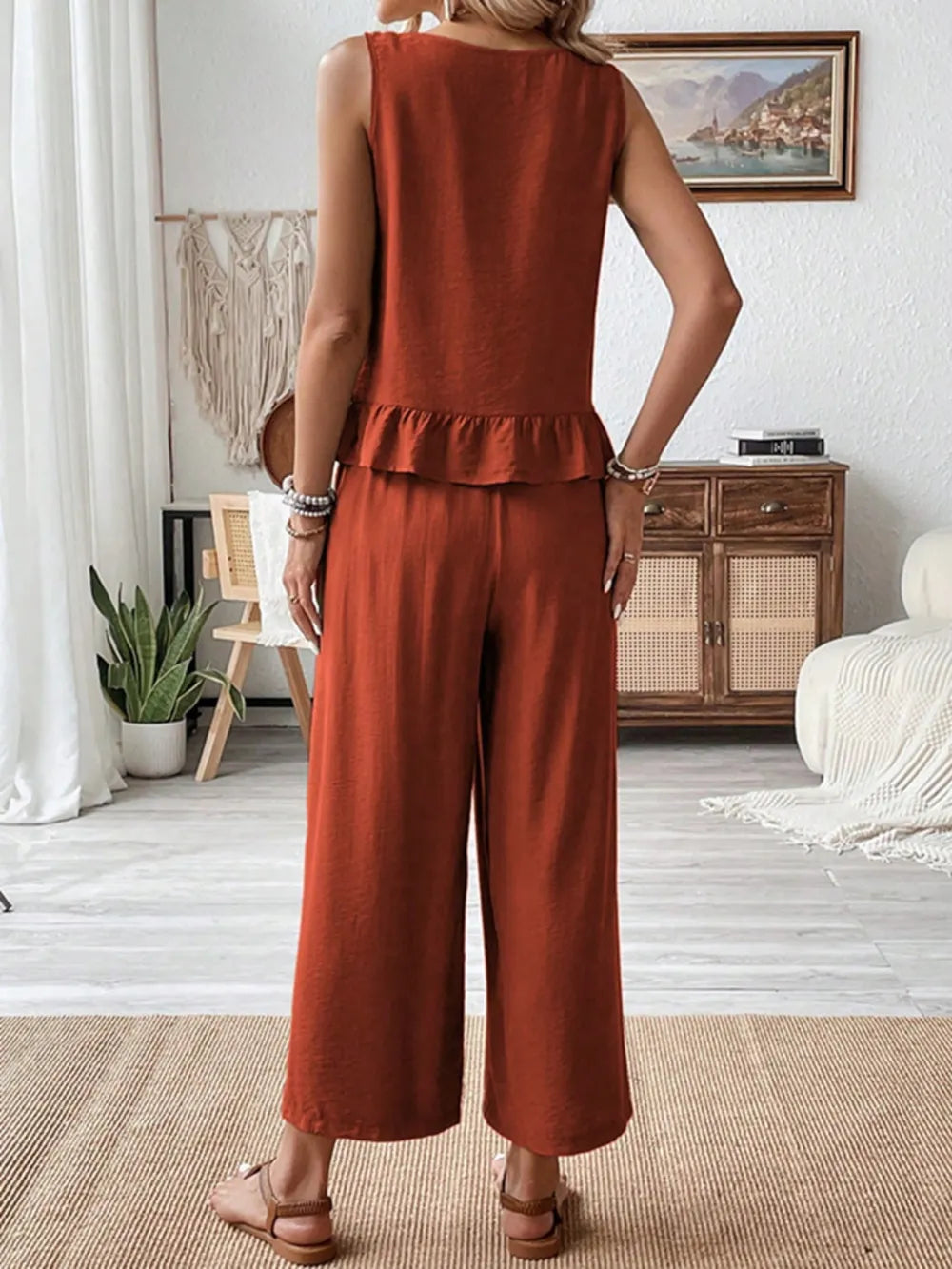 Ruffled Round Neck Top and Wide Leg Pants Set