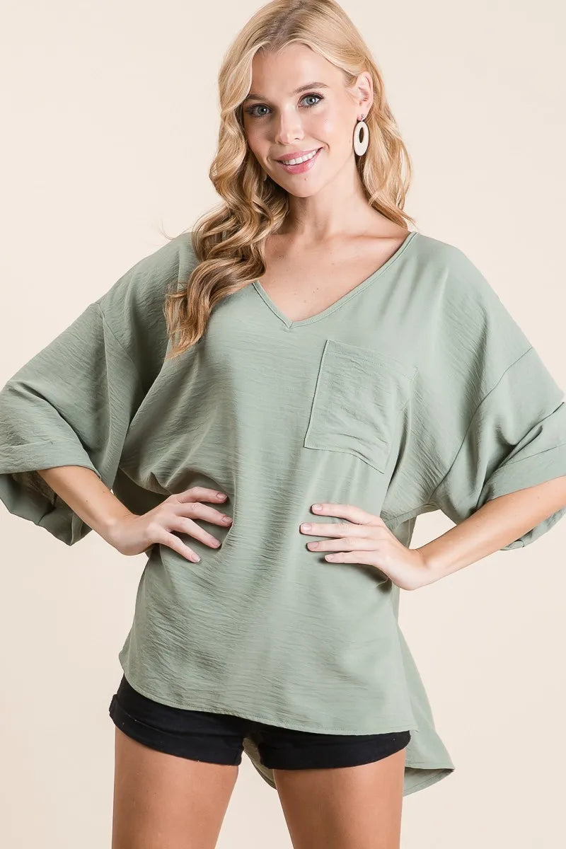 BiBi Flowy Woven V-Neck Top with Rolled Up Cuffs
