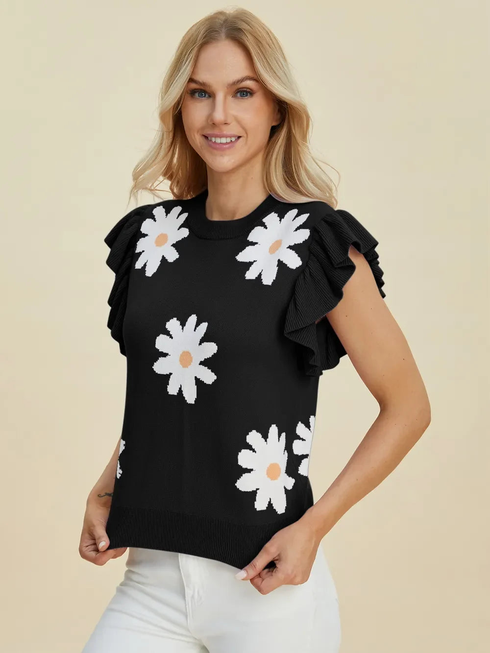 Double Take Full Size Ruffled Flower Round Neck Cap Sleeve