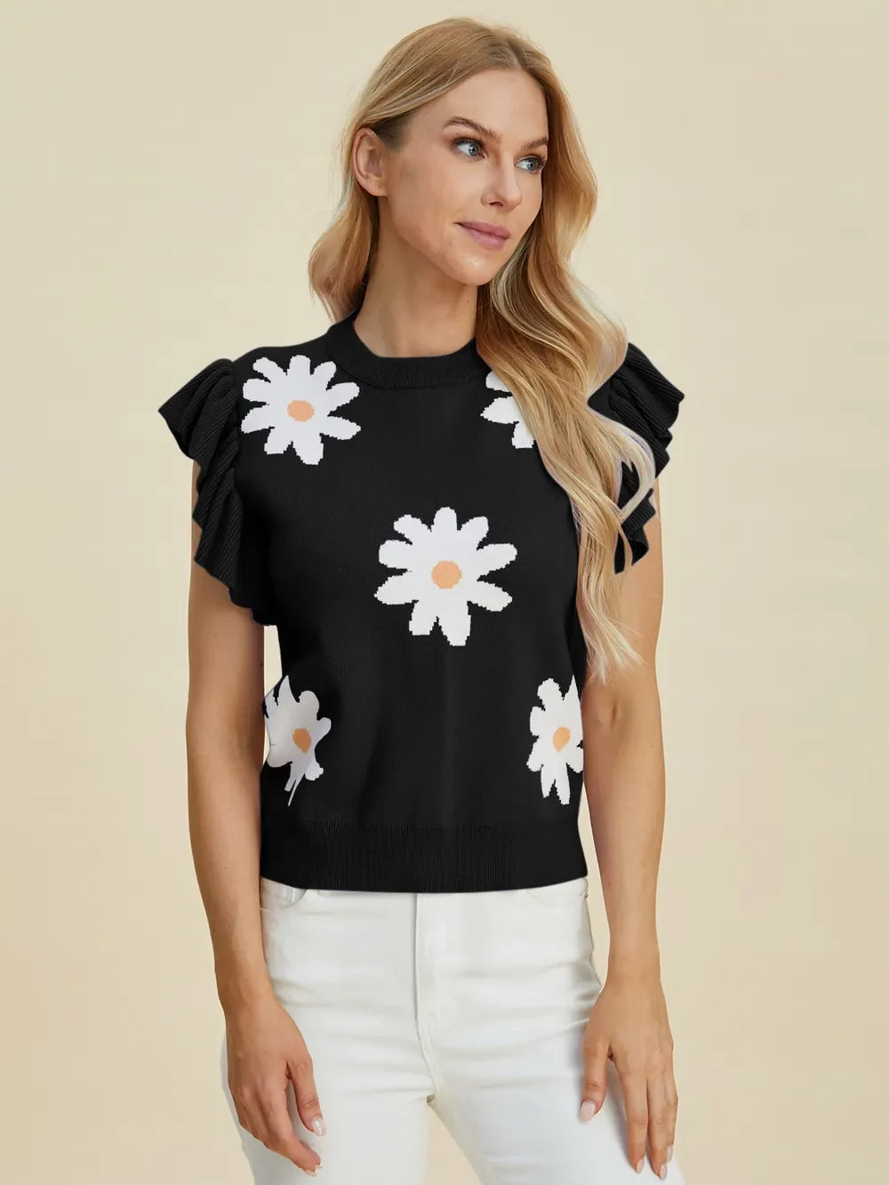 Double Take Full Size Ruffled Flower Round Neck Cap Sleeve