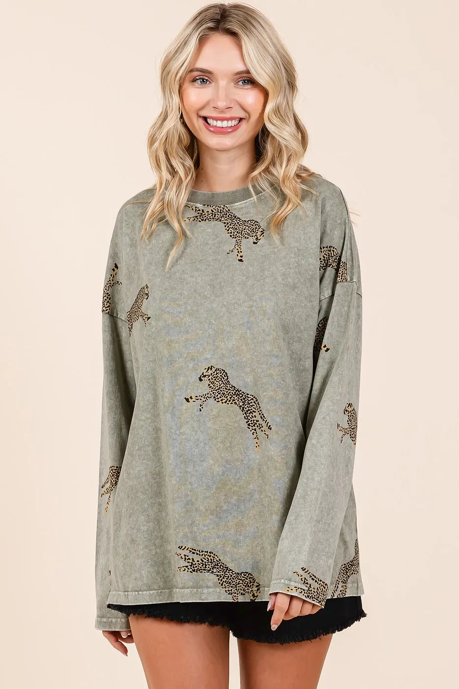 Mittoshop Mineral Wash Cheetah Print Long Sleeve Top
