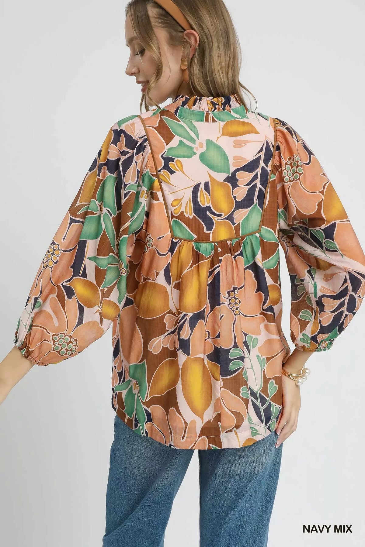 Umgee Multicolor Abstract Floral Print Blouse With Ruffle Neck