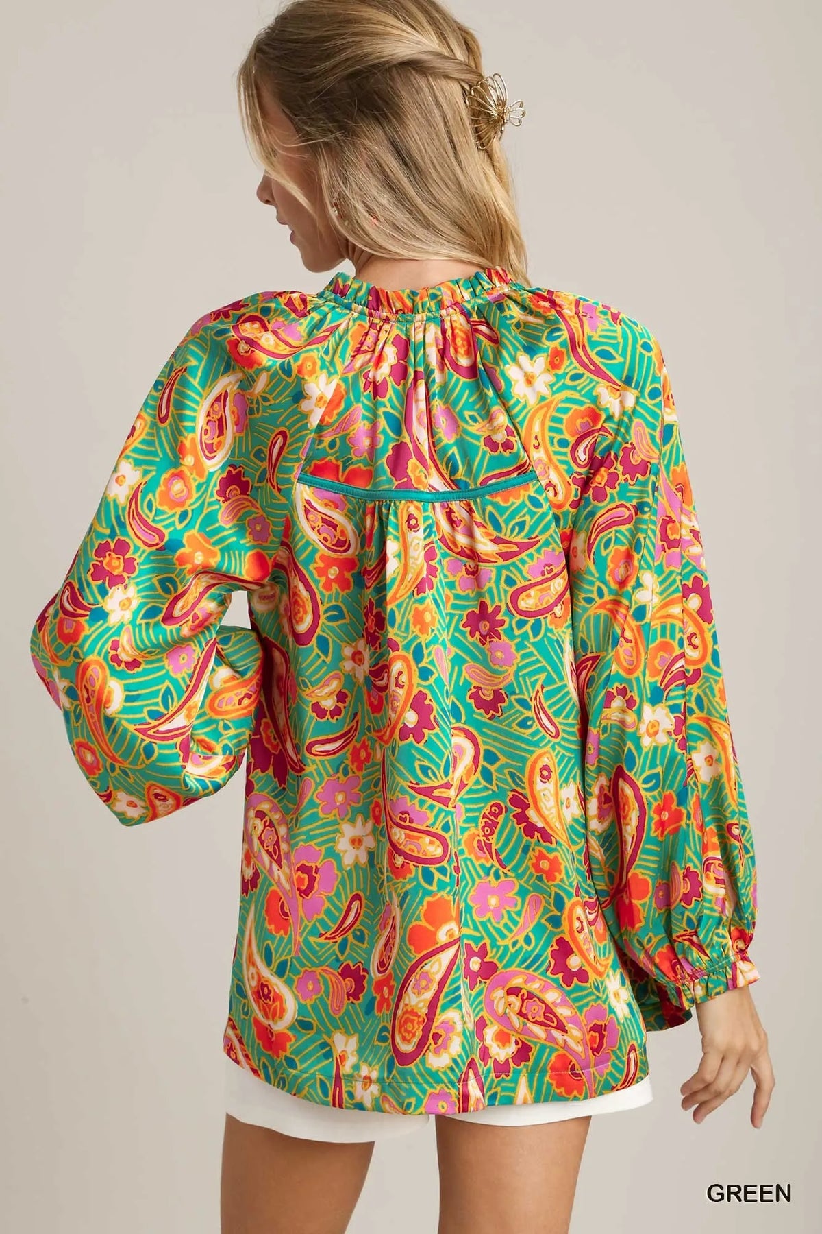 Umgee Satin Paisley Ruffle Neck Button-Up Shirt