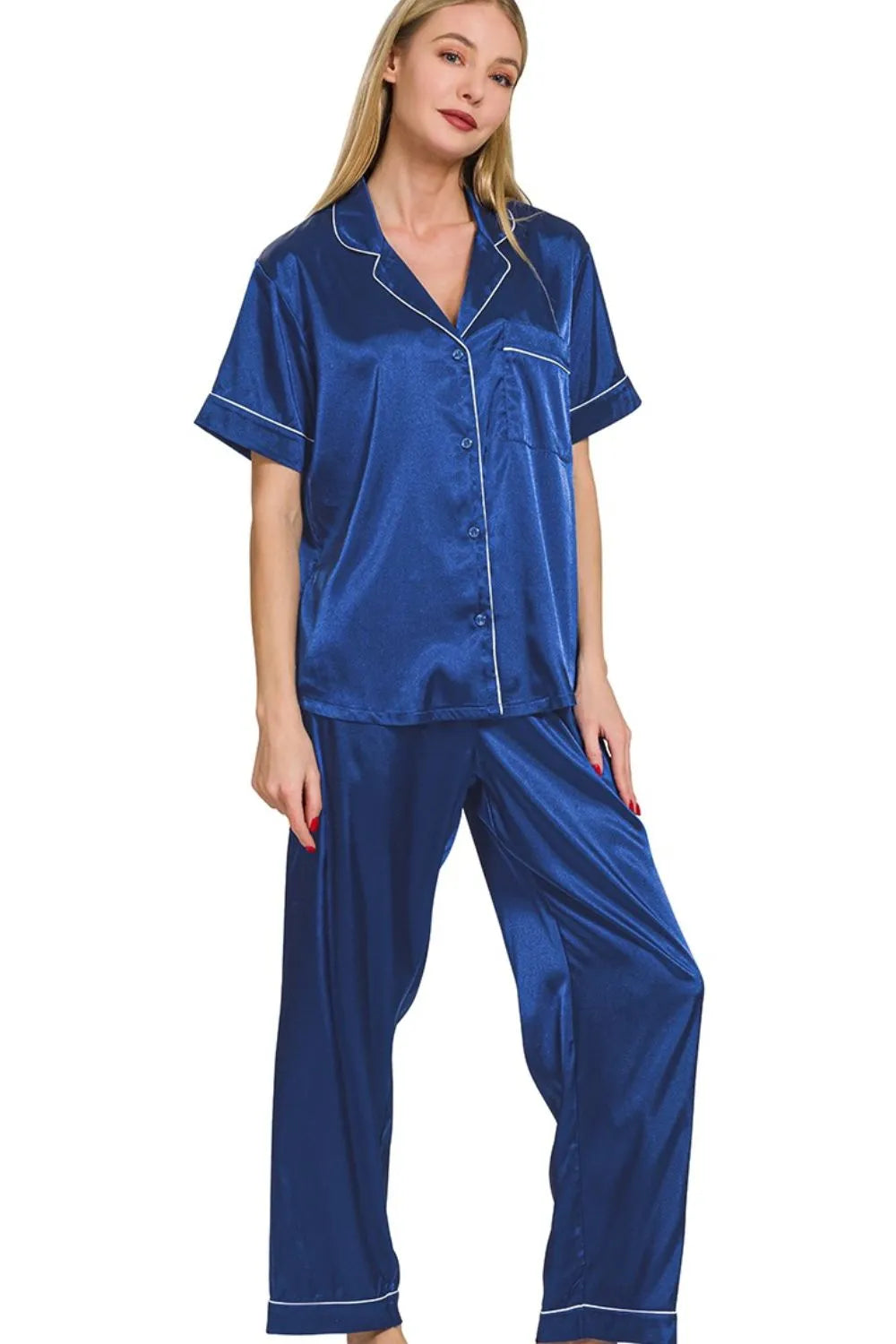 Zenana Satin Short Sleeve Top and Pants Pajama Set