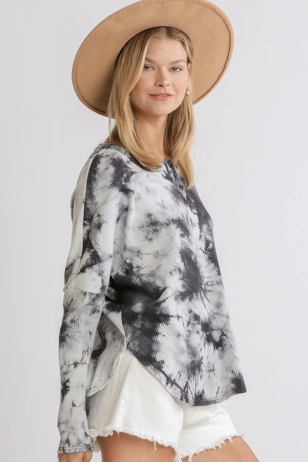 Umgee Full Size Tie Dye Round Neck Ribbed Button Front Top Plus