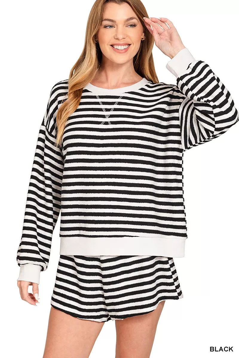 Zenana Striped Long Sleeve Top and Shorts Set