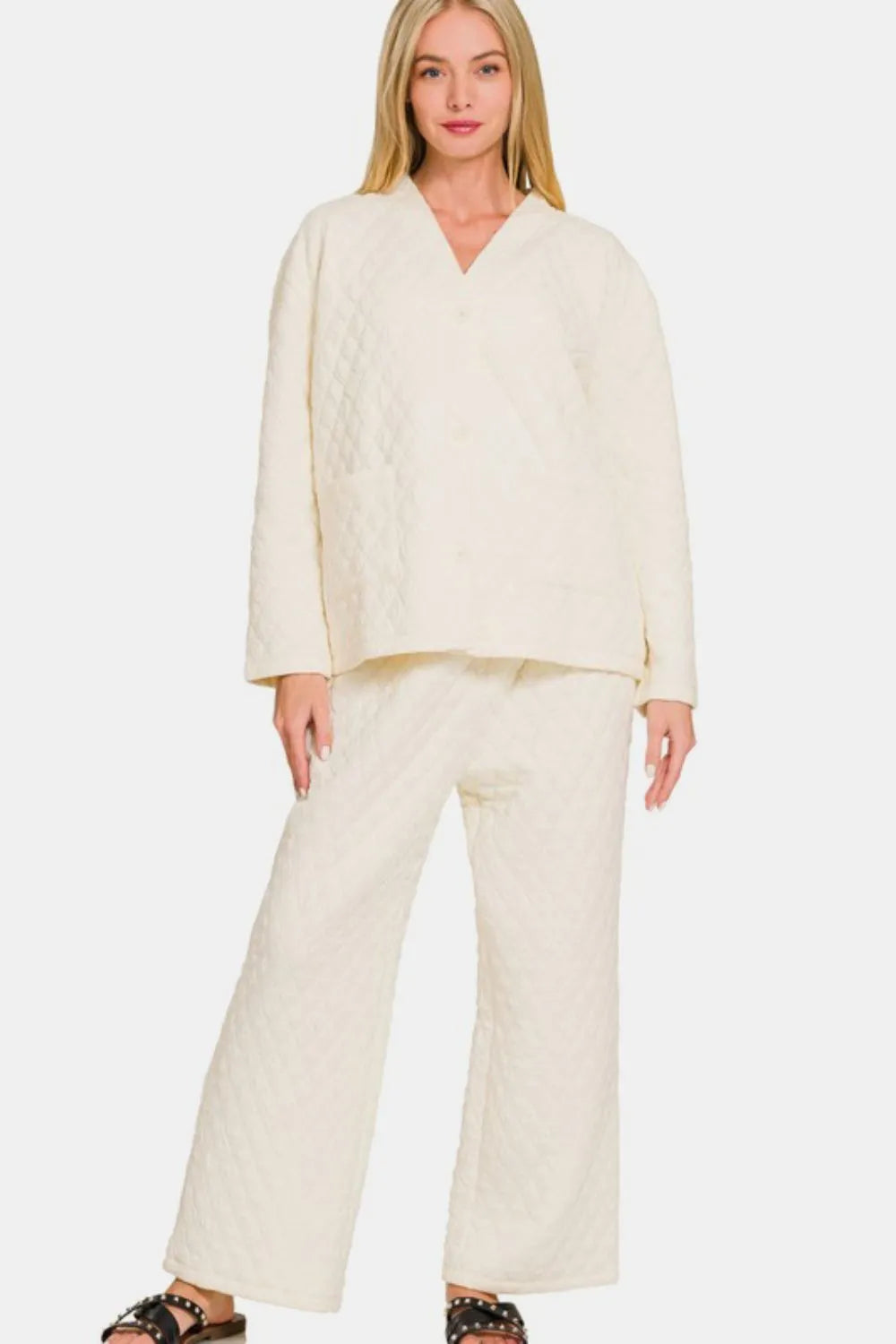 Zenana Quilted Button Up Long Sleeve Top And Pants Lounge Set