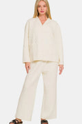 Zenana Quilted Button Up Long Sleeve Top And Pants Lounge Set