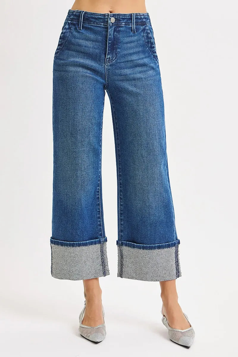 RISEN High Rise Ankle Wide Rhine Stone Cuffed Jeans