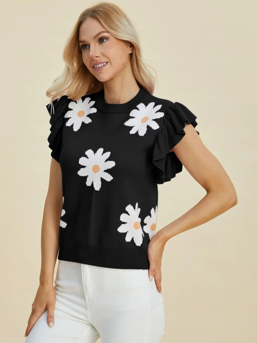 Double Take Full Size Ruffled Flower Round Neck Cap Sleeve