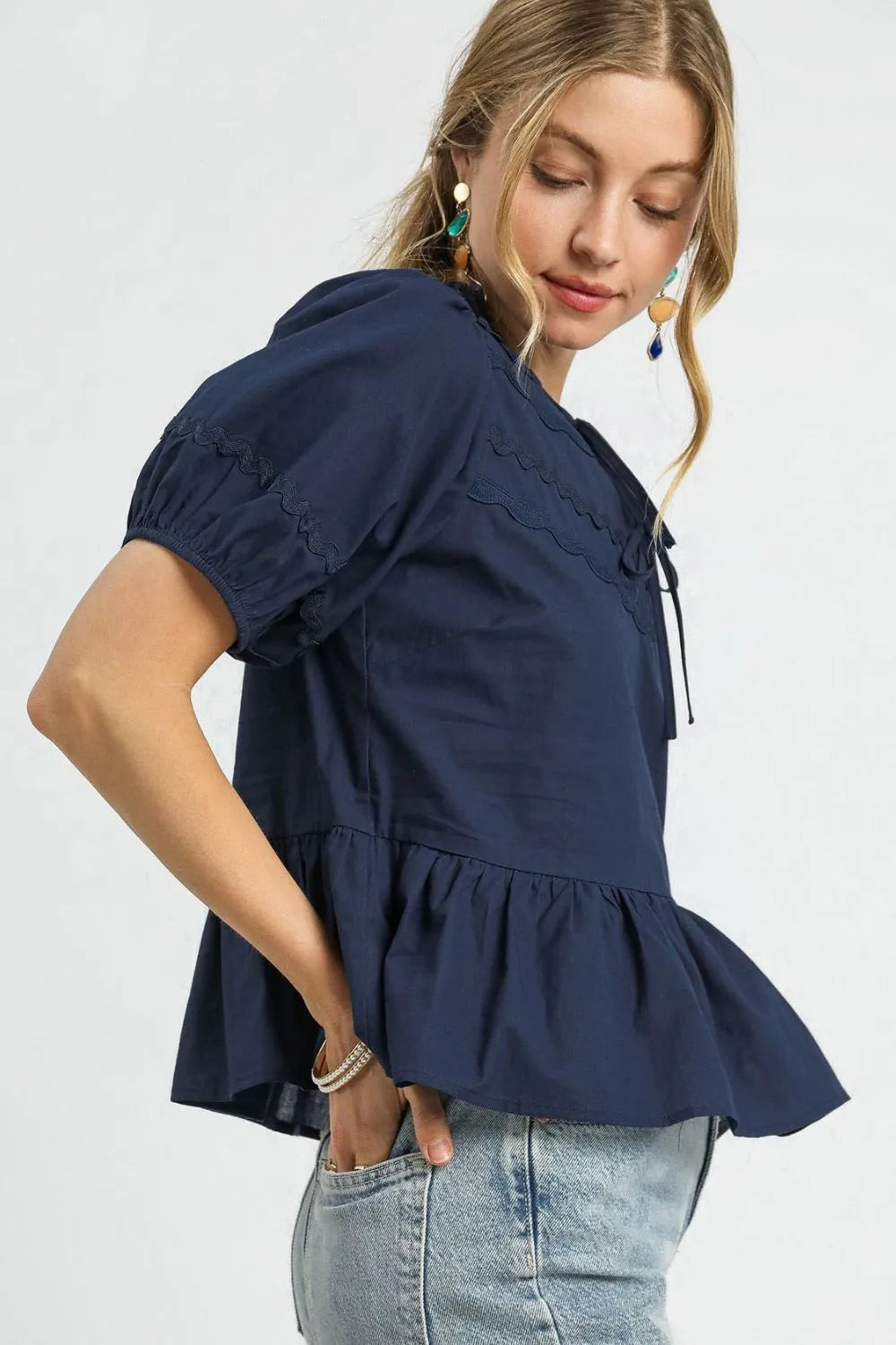 Umgee Tie Front Puff Sleeve Blouse