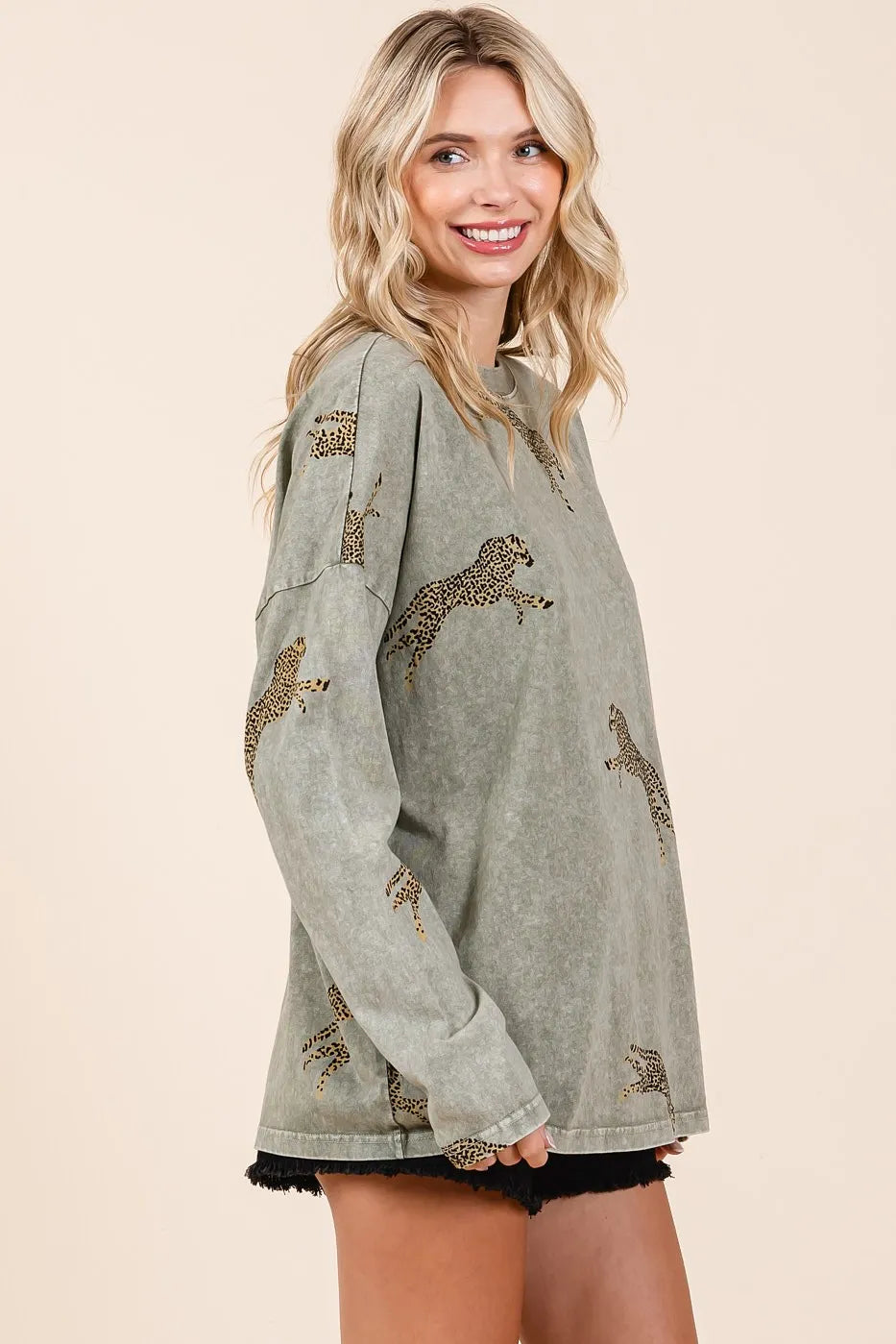 Mittoshop Mineral Wash Cheetah Print Long Sleeve Top