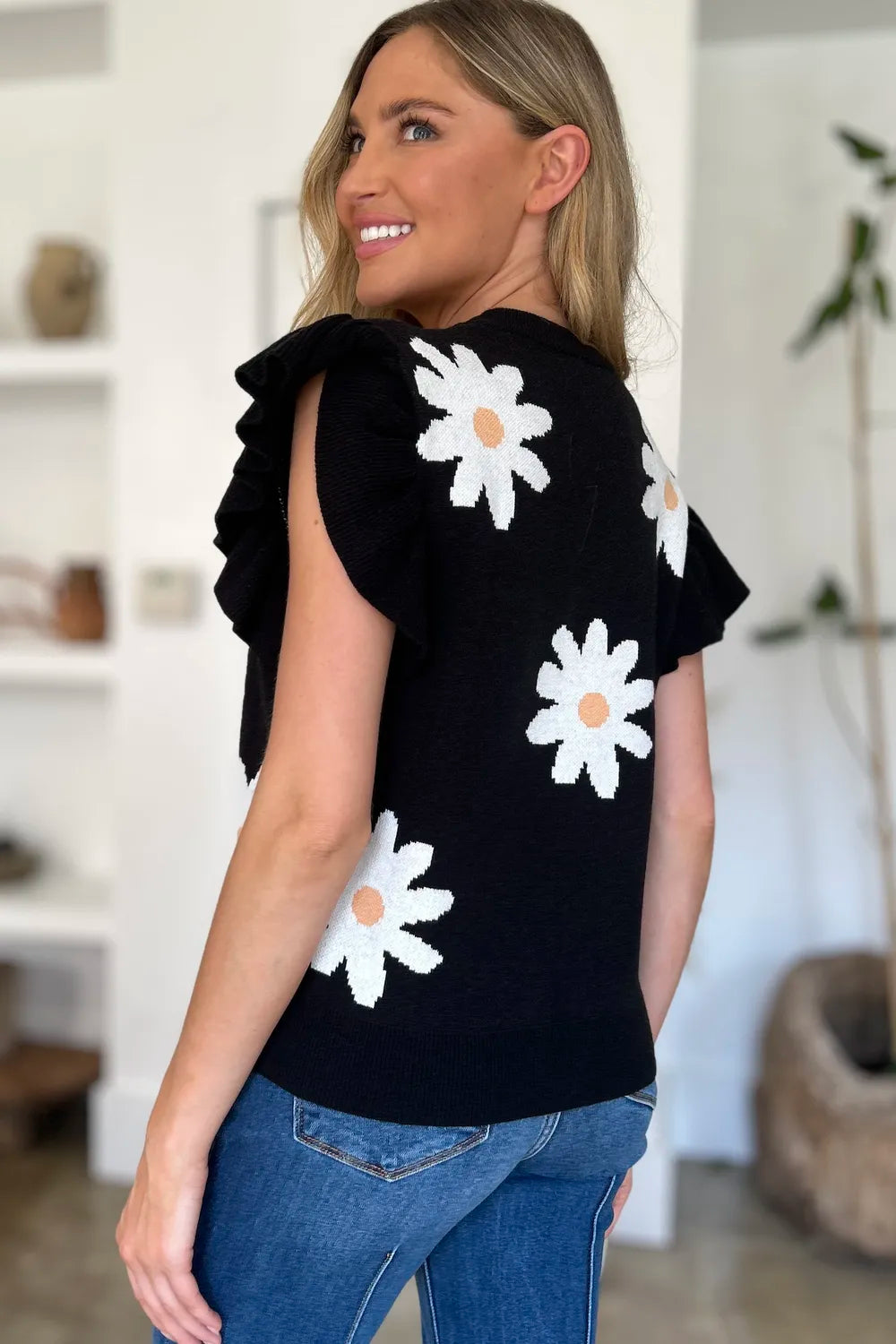 Double Take Full Size Ruffled Flower Round Neck Cap Sleeve