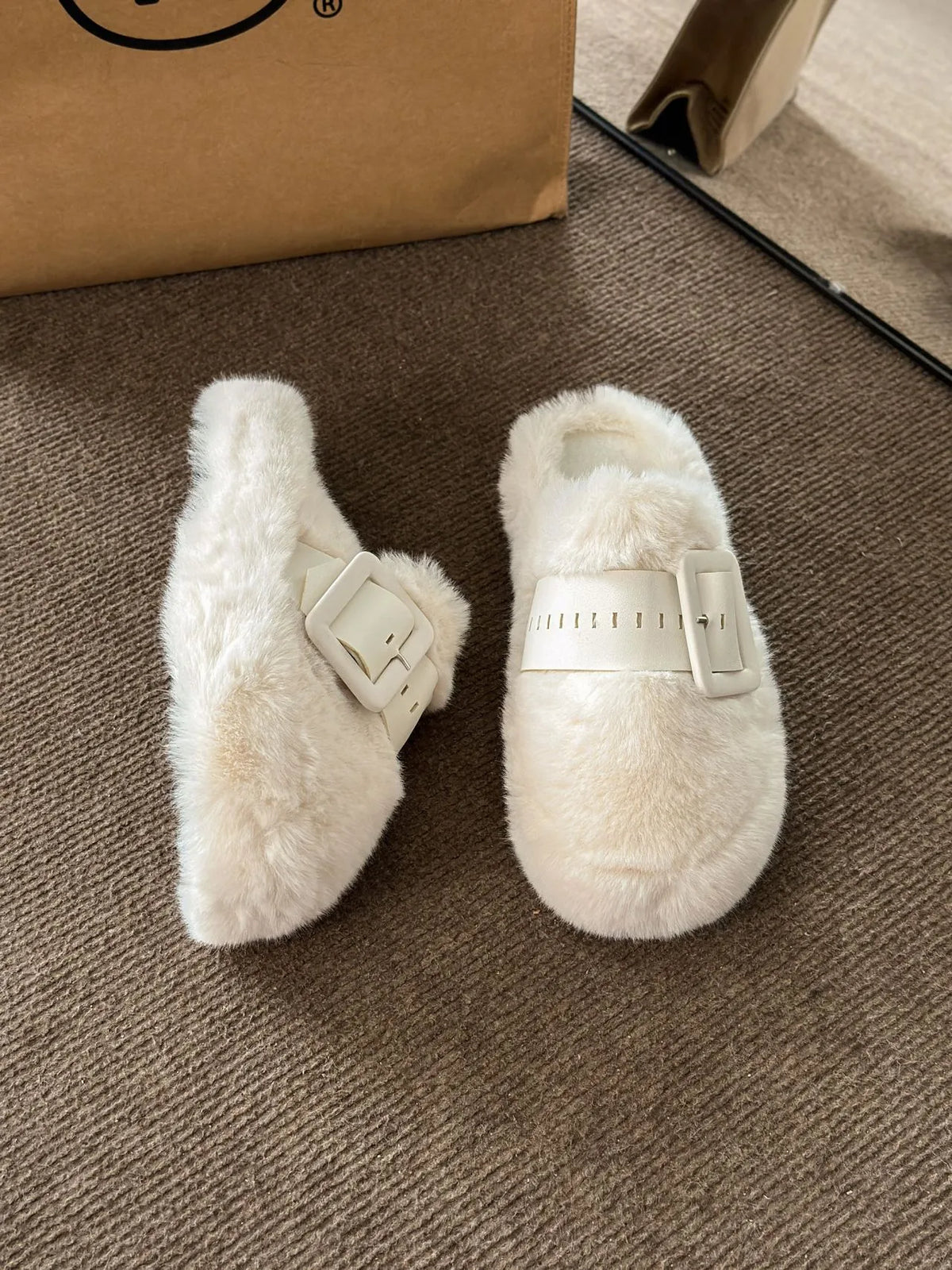 Faux Fur Buckle Slippers