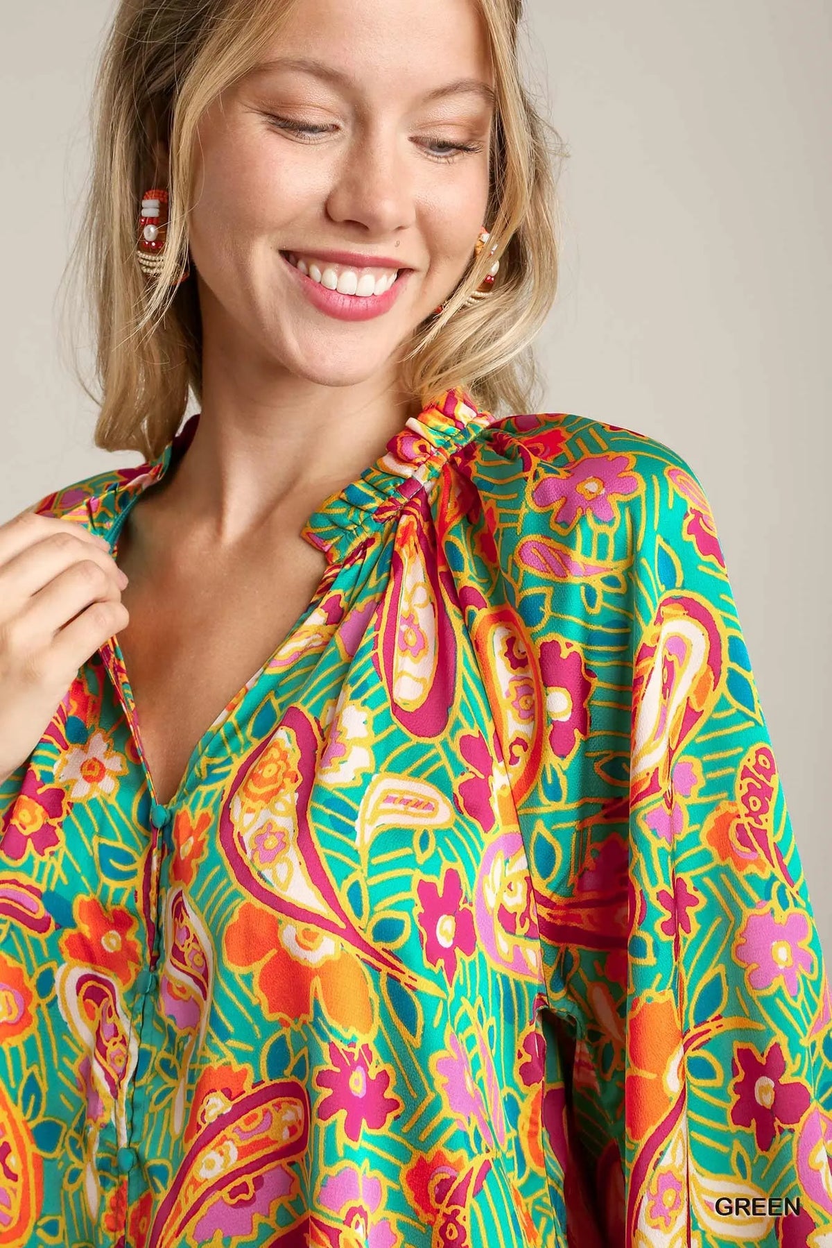 Umgee Satin Paisley Ruffle Neck Button-Up Shirt