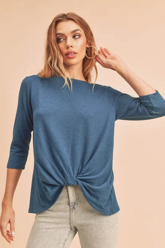 Aemi + Co Twist Front Round Neck 3/4 Sleeve T-Shirt