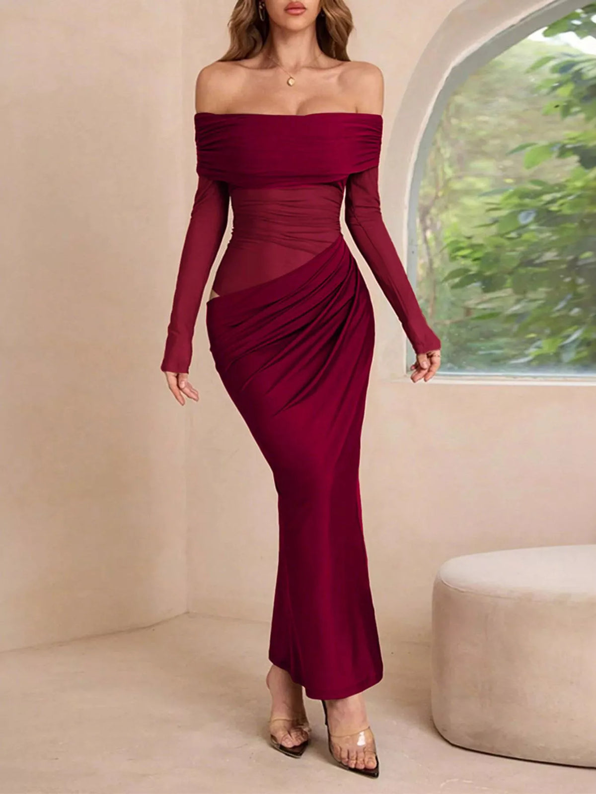 Off-Shoulder Long Sleeve Ruched Bodycon Maxi Dress