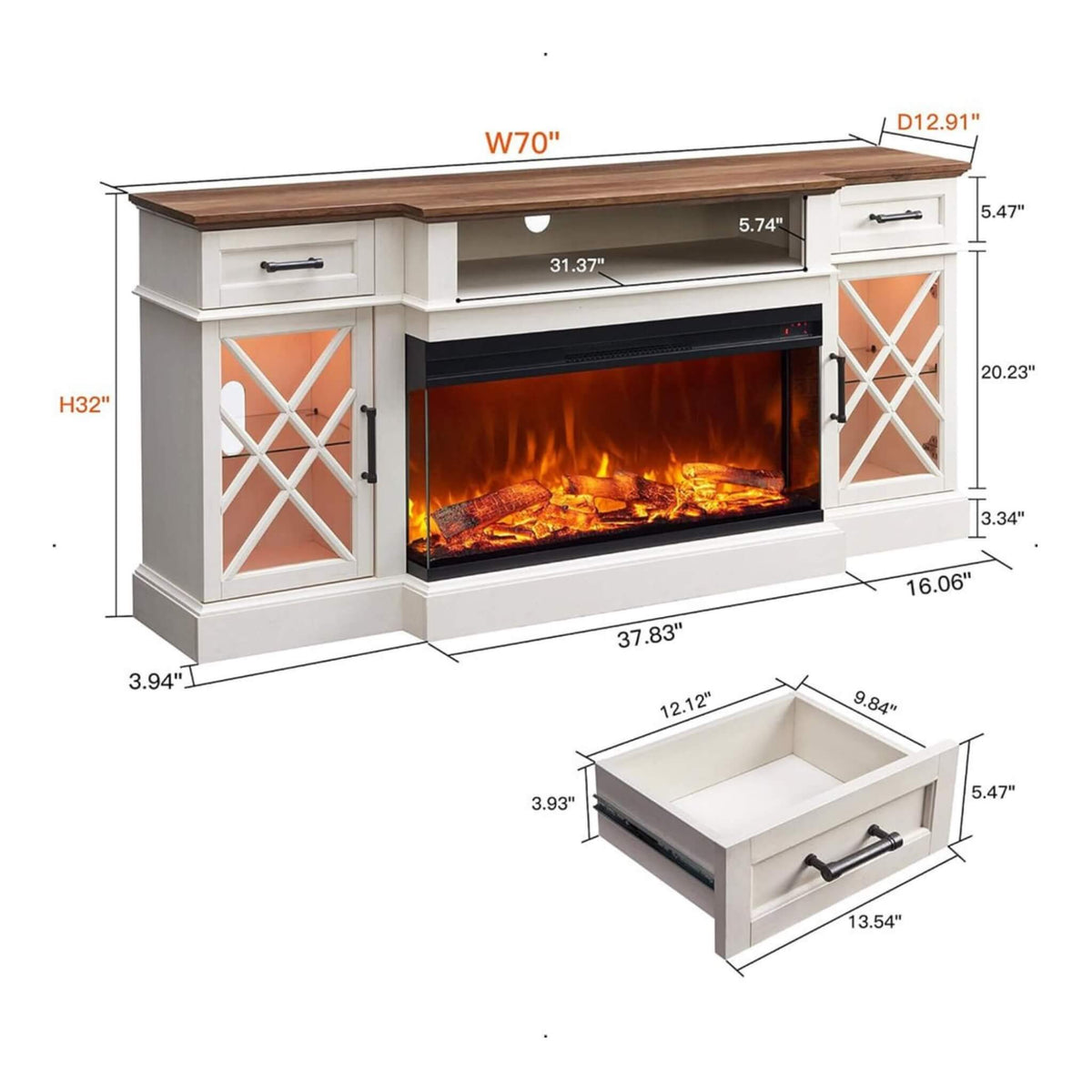 Electric 70-Inch Fireplace Tv Stand With Glass Door Storage