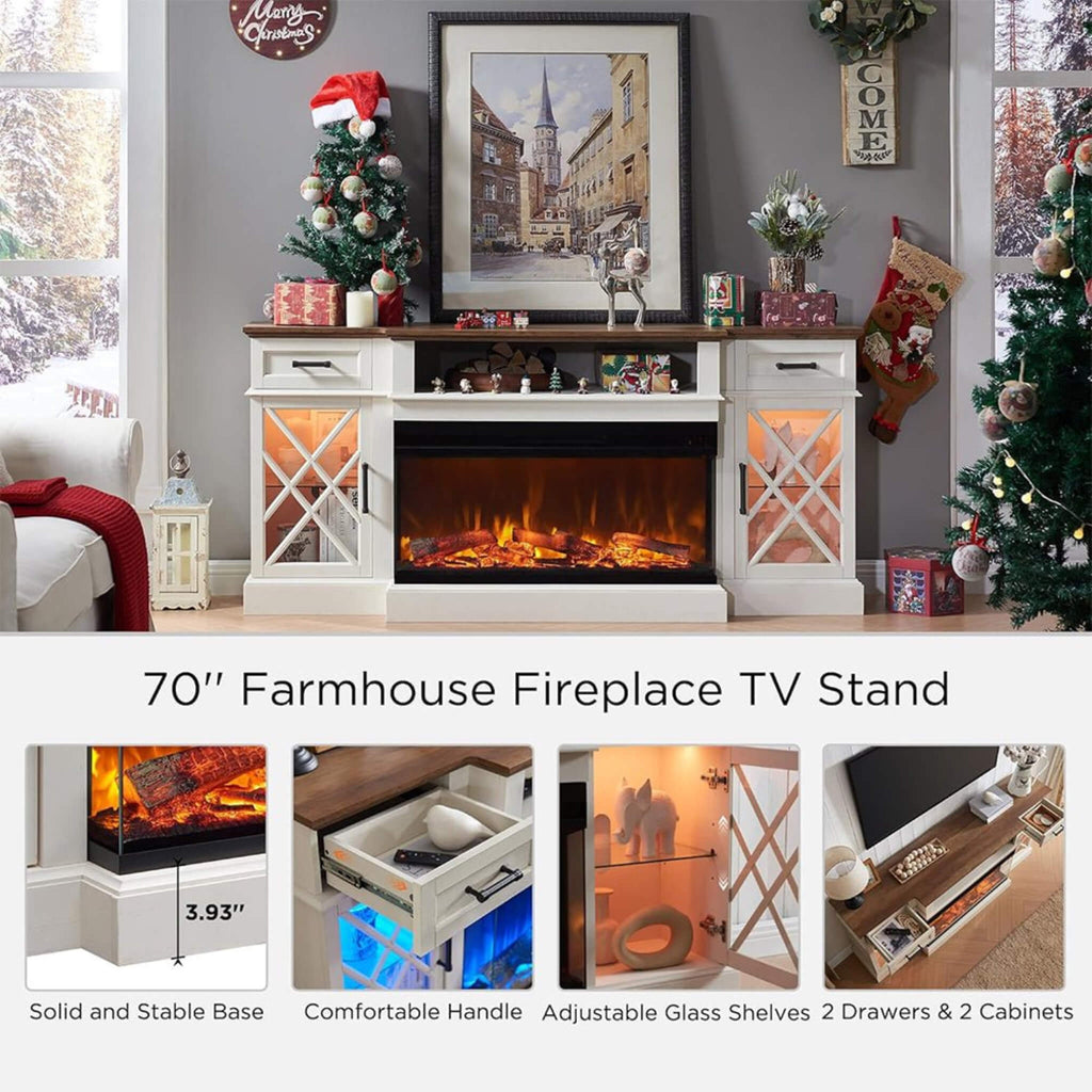 Electric 70-Inch Fireplace Tv Stand With Glass Door Storage