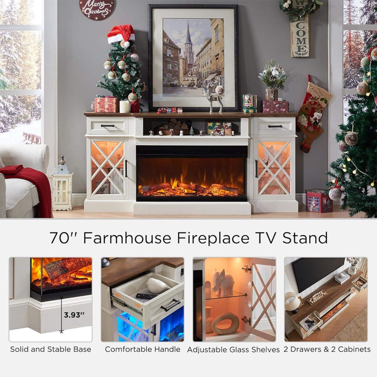 Electric 70-Inch Fireplace Tv Stand With Glass Door Storage