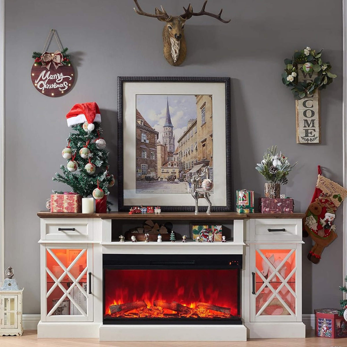 Electric 70-Inch Fireplace Tv Stand With Glass Door Storage