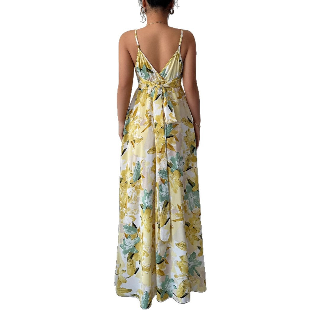 Elegant style suspender printed long skirt dress