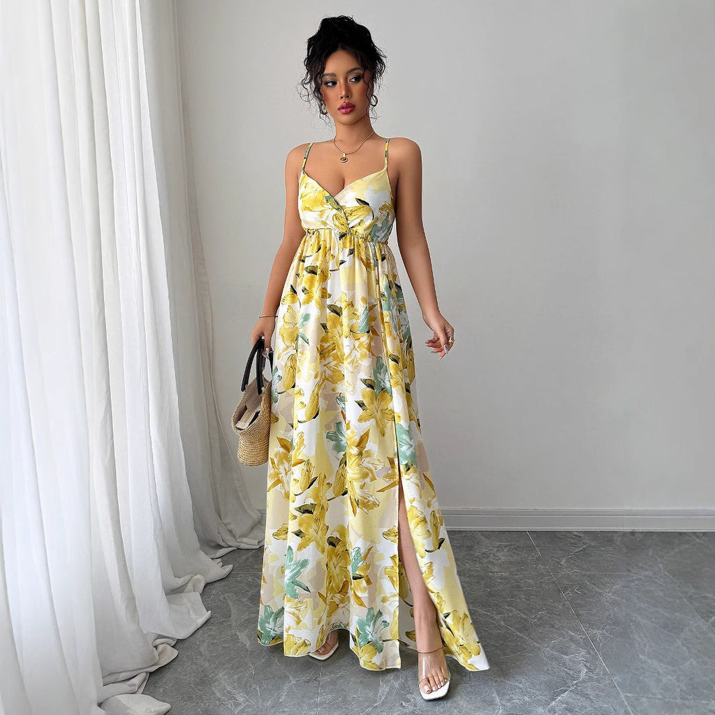Elegant style suspender printed long skirt dress