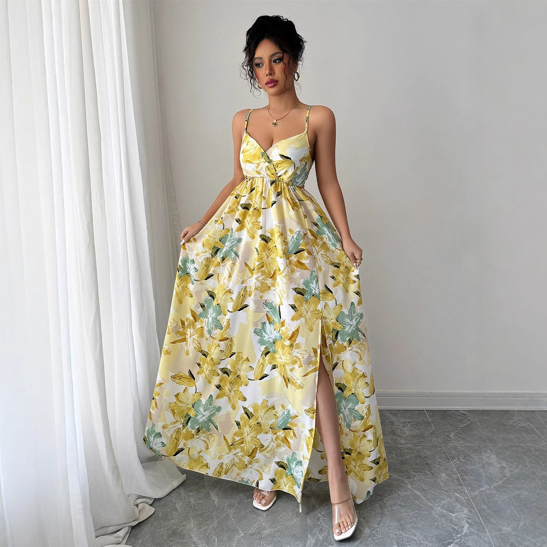 Elegant style suspender printed long skirt dress