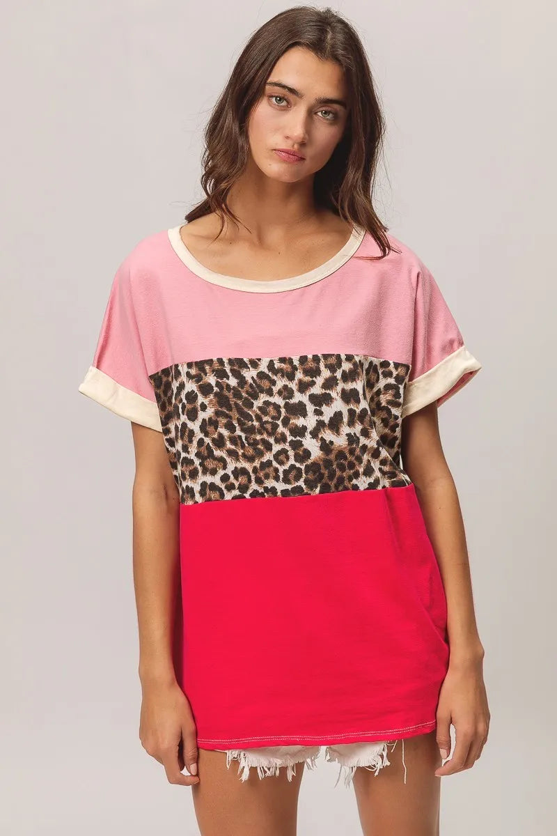 BiBi Leopard Printed Jersey  Color Block Roll Up