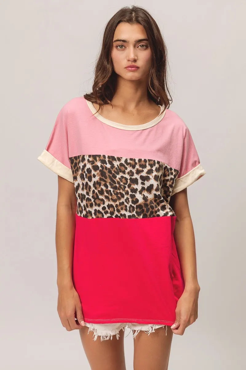 BiBi Leopard Printed Jersey  Color Block Roll Up