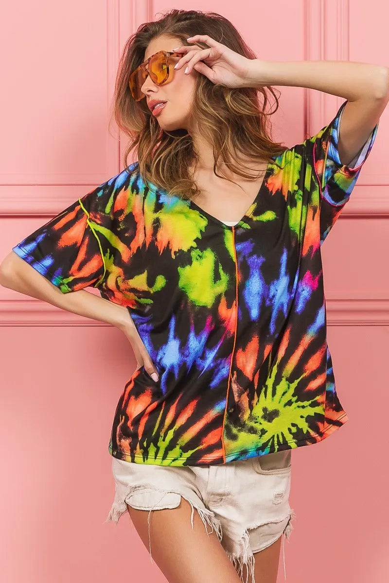 BiBi Tie Dye Print Jersey Stitched V Neck Top