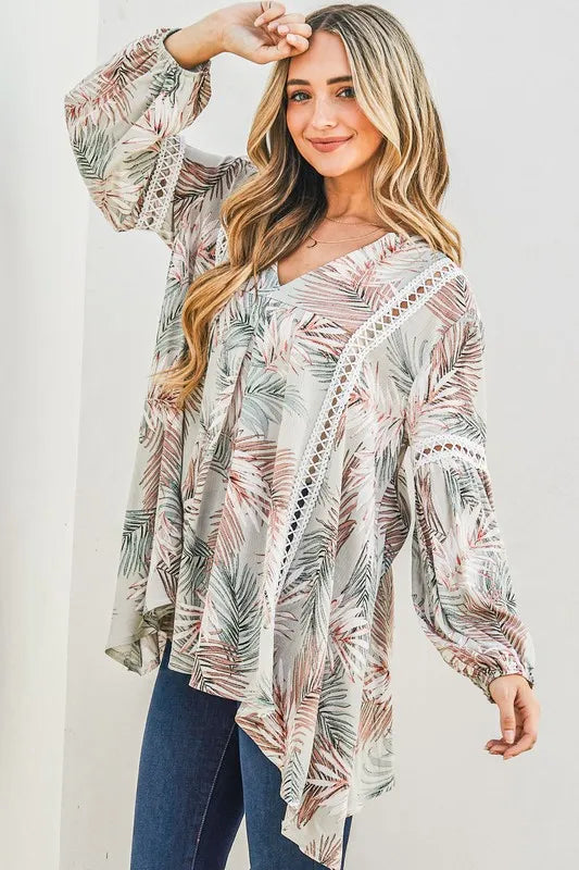 And The Why Printed with Lace Trim Casual Tunic Top