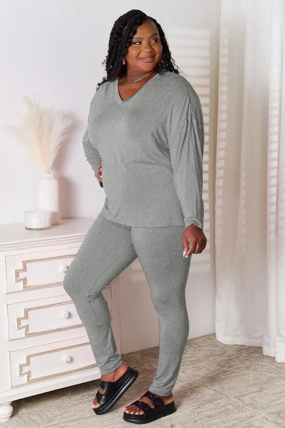 Basic Bae Bamboo Full Size V-Neck Long Sleeve Top And Pants