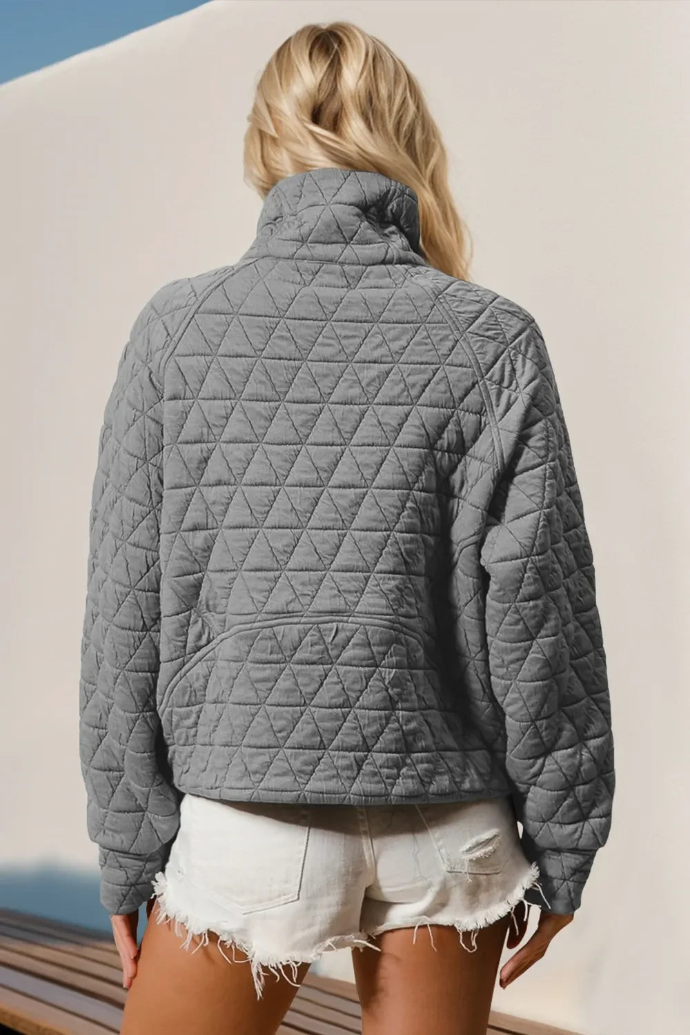 Double Take Half Zip Long Sleeve Quilted Sweatshirt With Pocket