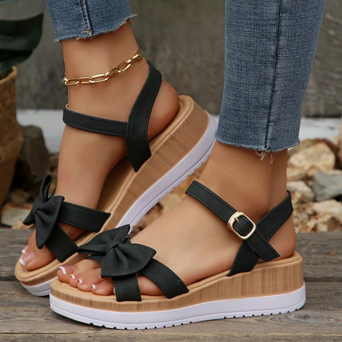 Bow Open Toe Wedge Sandals