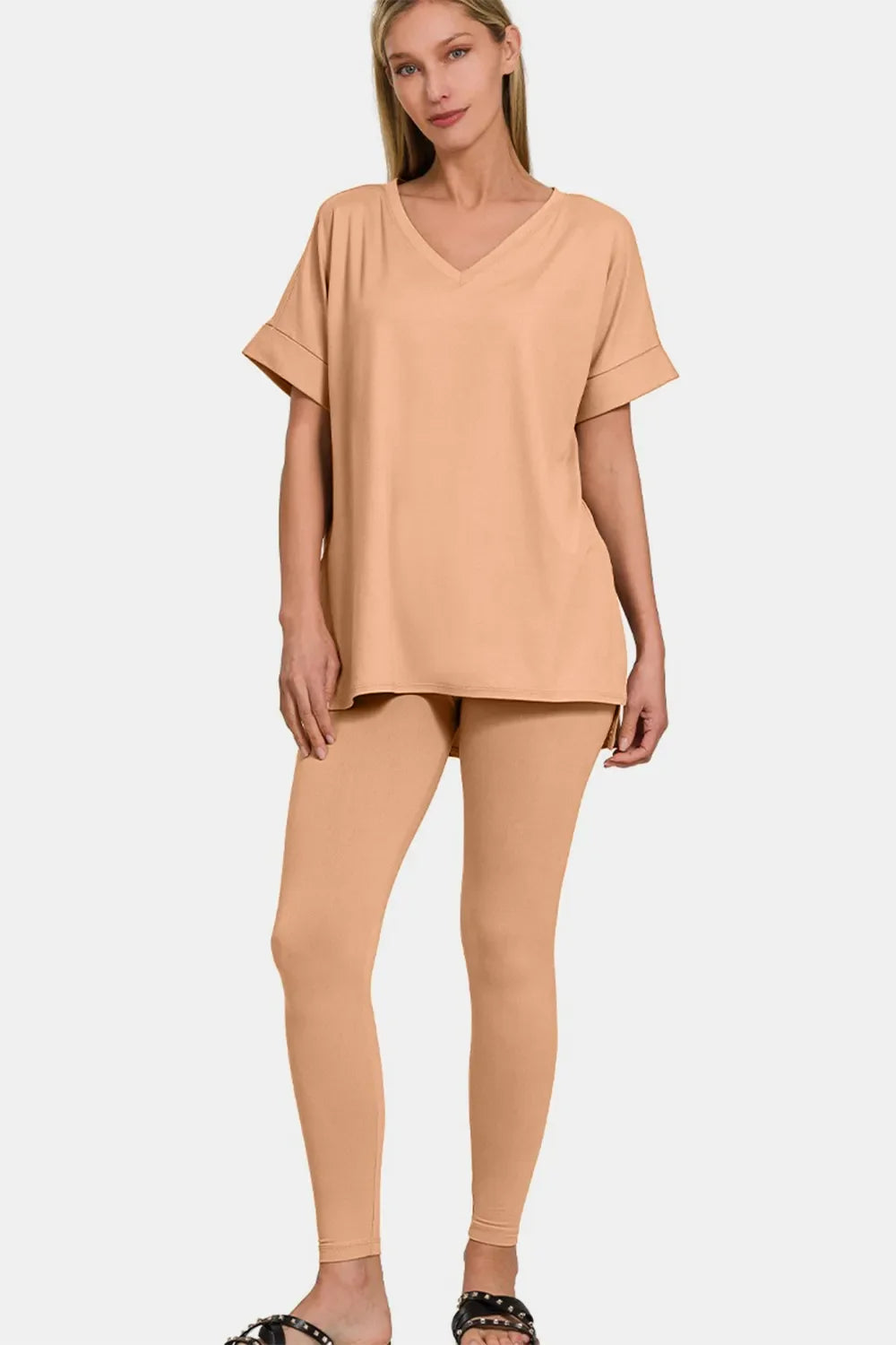 Zenana Full Size V-Neck Rolled Short Sleeve T-Shirt And Leggings