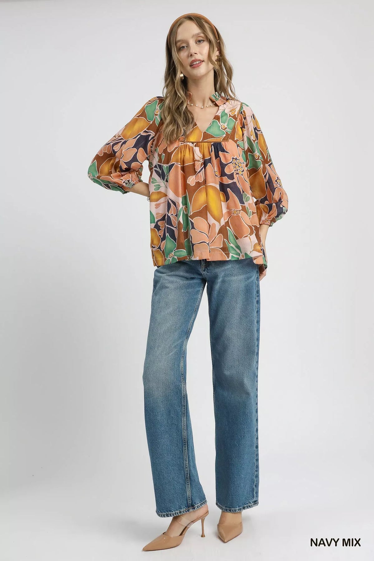 Umgee Multicolor Abstract Floral Print Blouse With Ruffle Neck