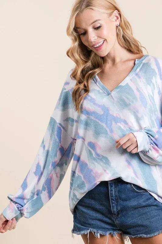 BiBi Tie Dye French Terry Top with Balloon Sleeves