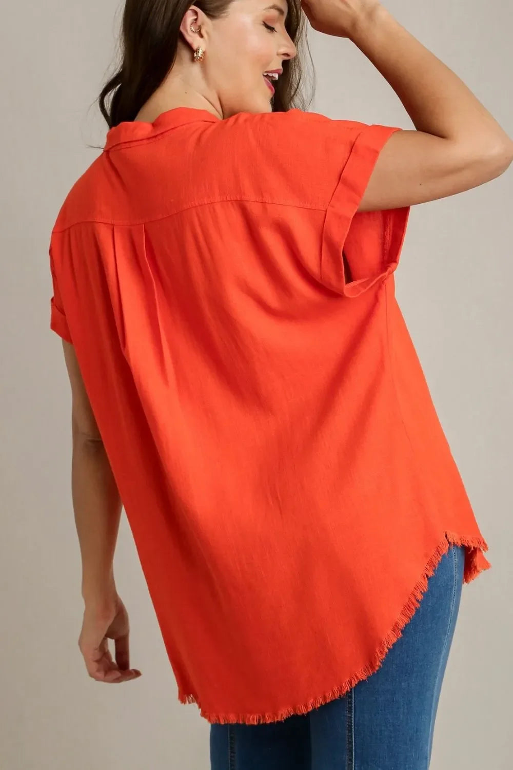 Umgee Full Size Linen Blend Button Down Short Folded Sleeve
