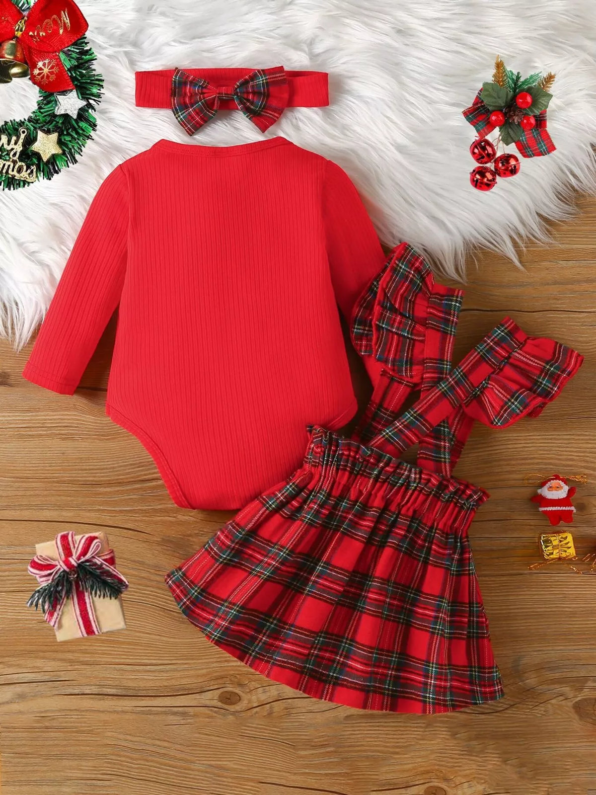 Children'S First Christmas Bodysuit And Plaid Dress Outfit Set
