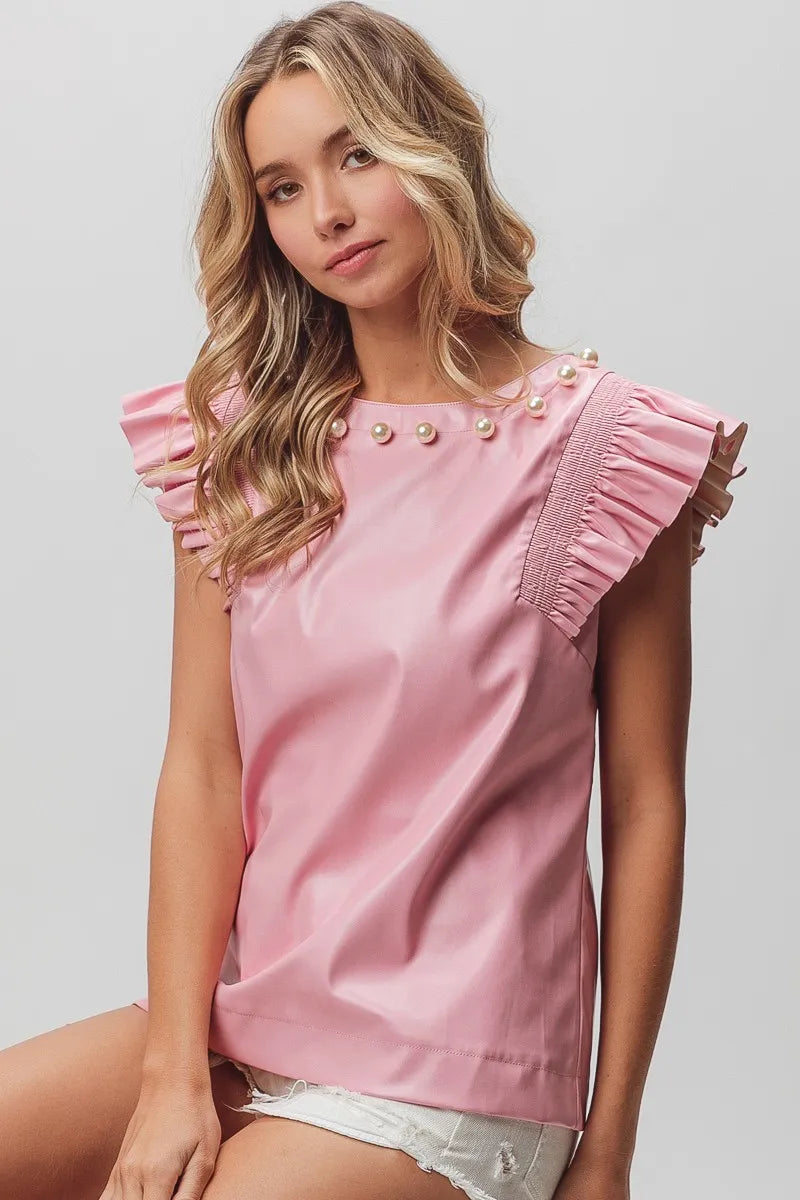 BiBi Leather Smocked Ruffled Top