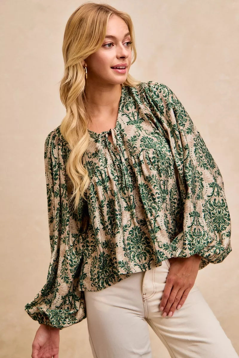 BiBi Printed Woven Front Tied Blouse with Baloon Sleeve