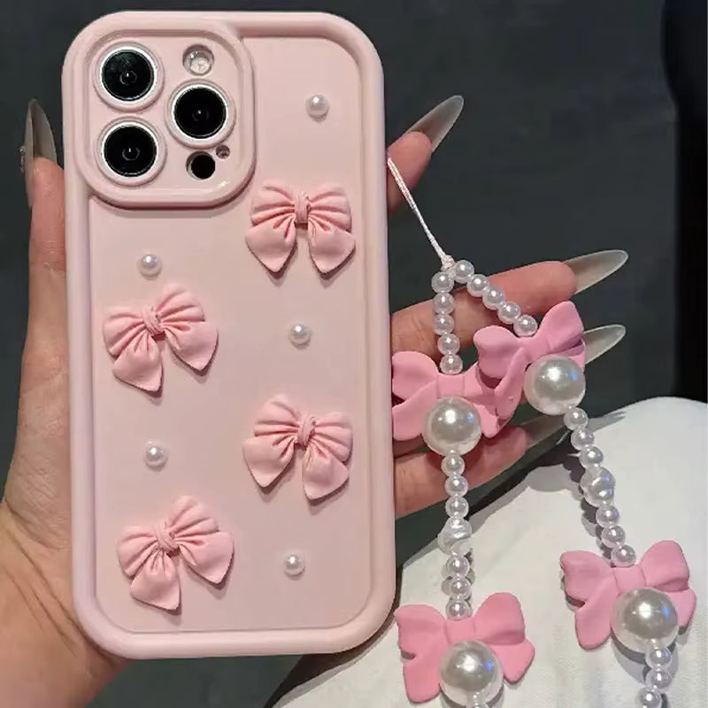 Korean 3D Bowknot Pearl Silicone Phone Case For iPhone 18 16 17 Pro 15 14 13 12 11 Pro Max 16E 7 8 Plus With Lanyard Soft Cover
