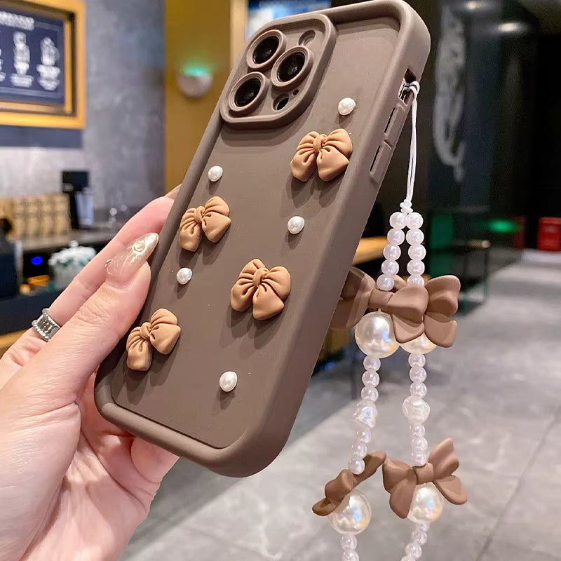 Korean 3D Bowknot Pearl Silicone Phone Case For iPhone 18 16 17 Pro 15 14 13 12 11 Pro Max 16E 7 8 Plus With Lanyard Soft Cover