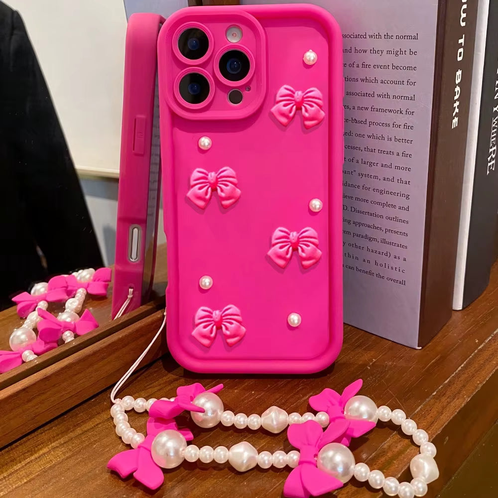 Korean 3D Bowknot Pearl Silicone Phone Case For iPhone 18 16 17 Pro 15 14 13 12 11 Pro Max 16E 7 8 Plus With Lanyard Soft Cover